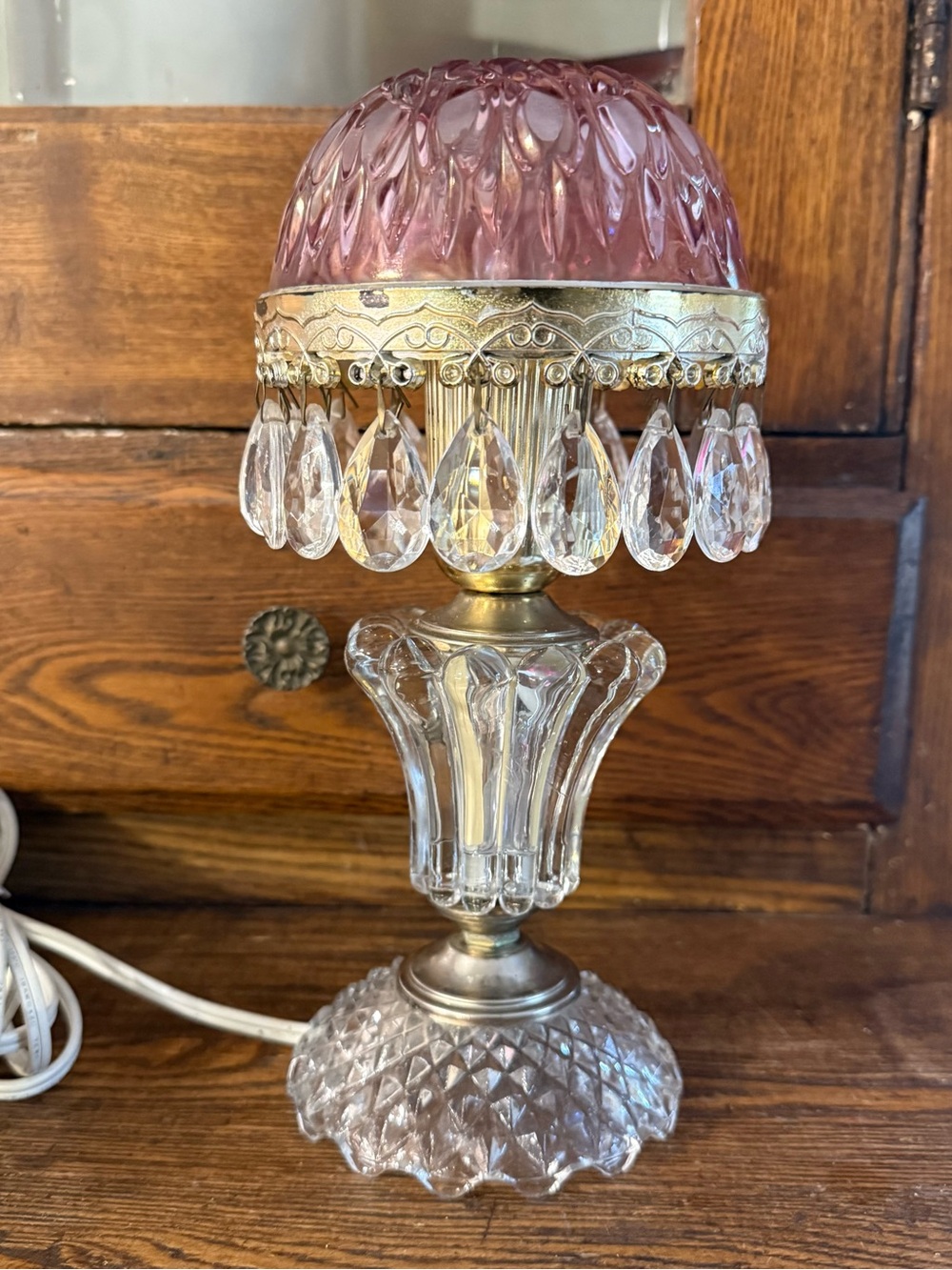 Vintage Pink Boudoir Lamp With Crystals 9.5” Shabby Chic French Rose Light Fancy